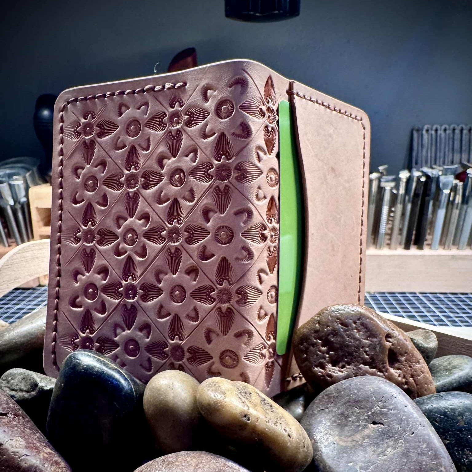 Leather Bifold Wallet – Hand-Tooled Geometric Sunburst Pattern | Tan