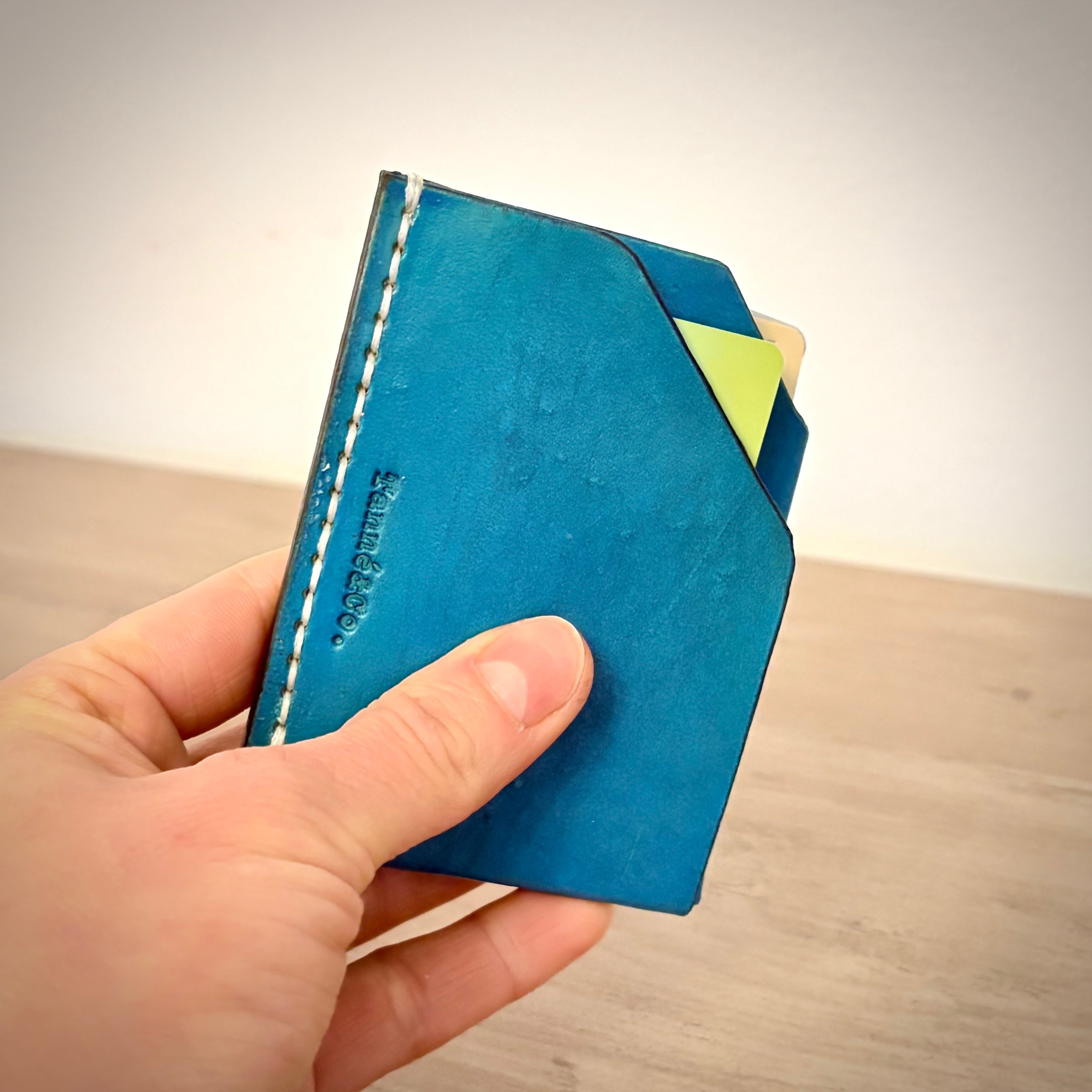 Leather Card Holder – Minimalist Double Pocket | Turquoise Angle Cut