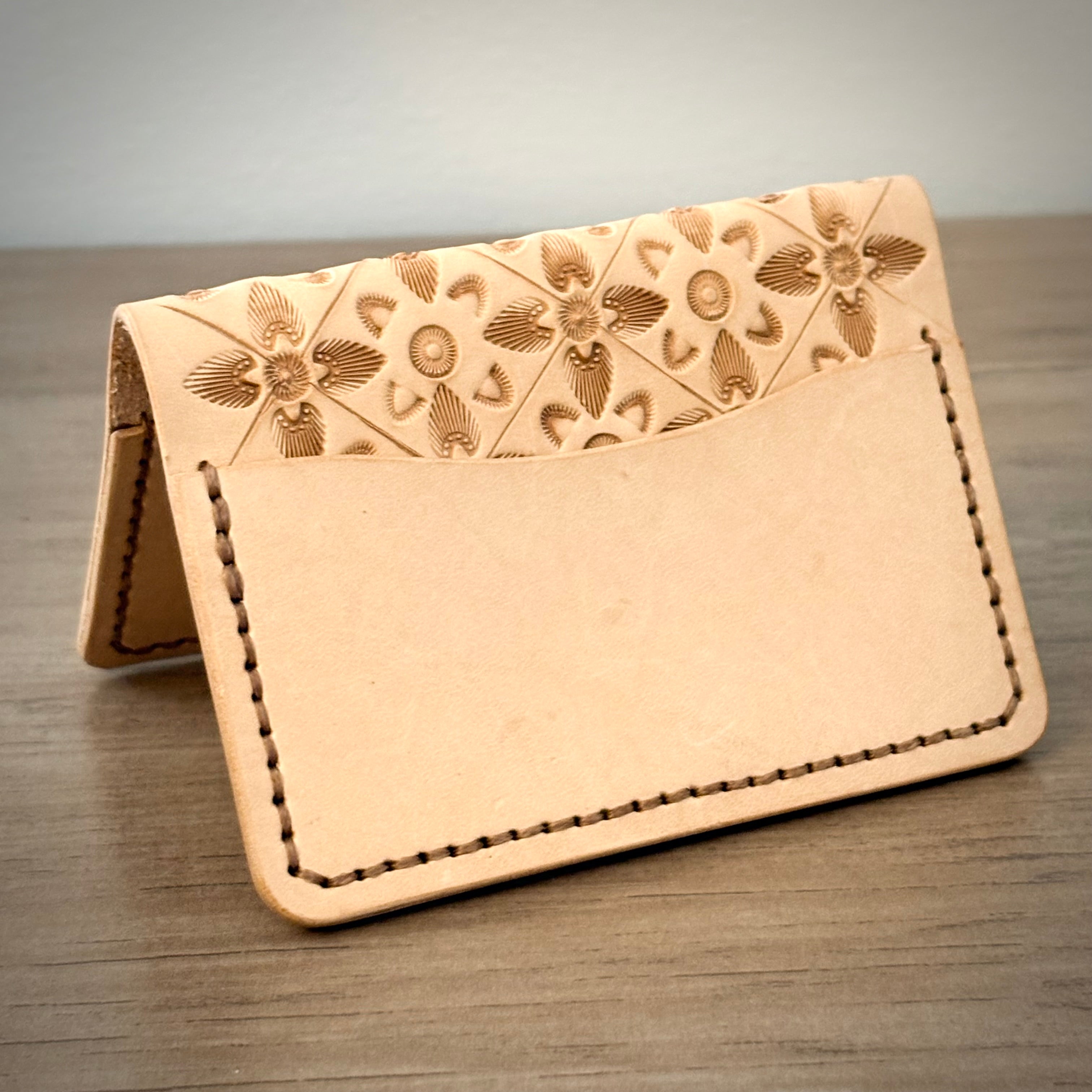 Leather Bifold Wallet – Hand-Tooled Geometric Sunburst Pattern | Tan