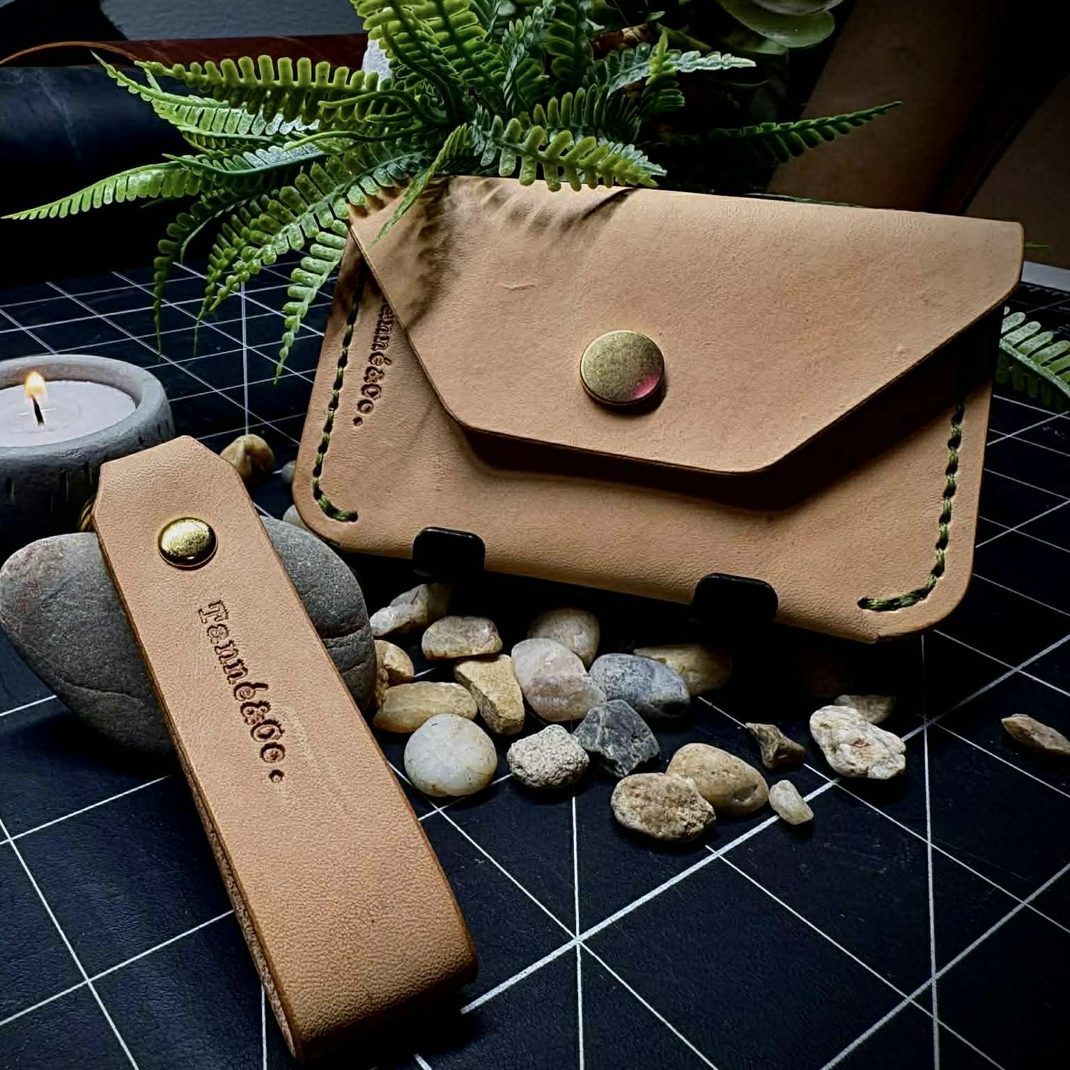 Leather Card Holder and Keychain Set | Tan