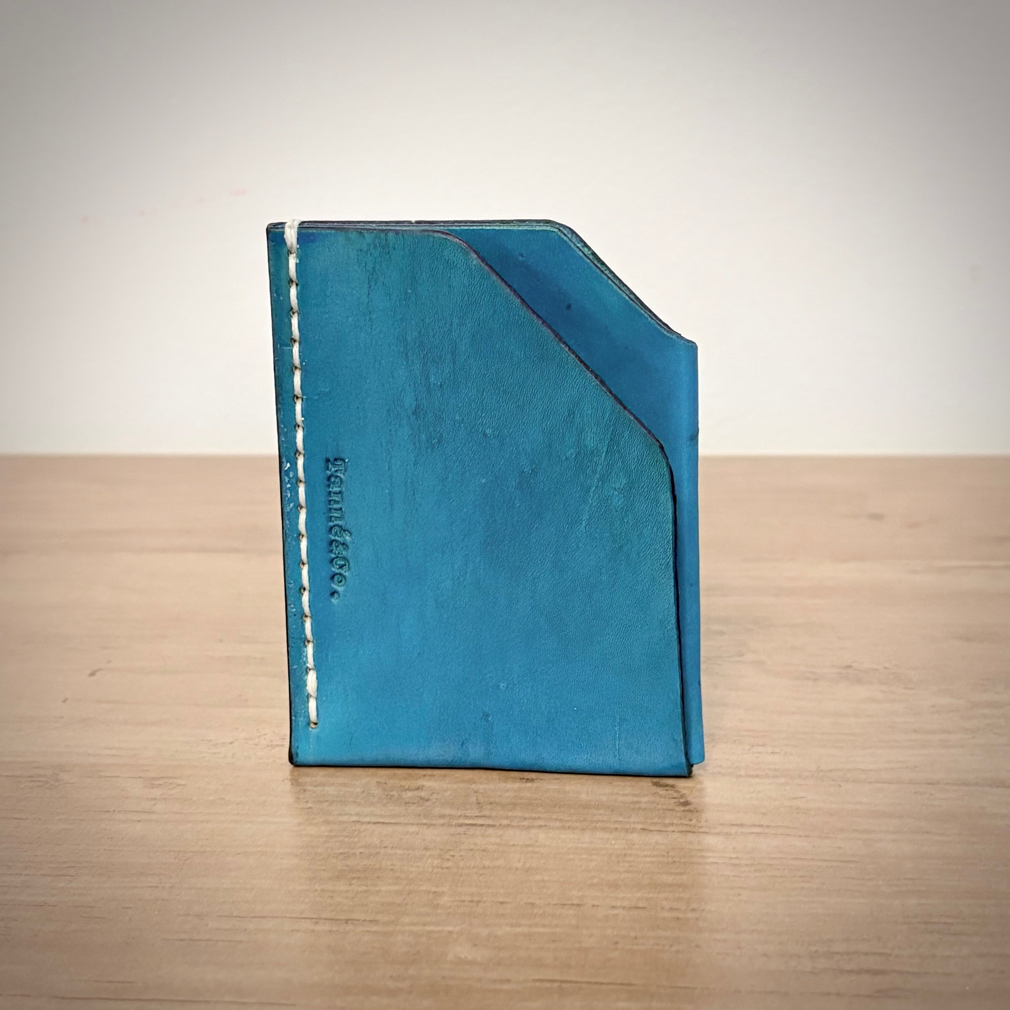 Leather Card Holder – Minimalist Double Pocket | Turquoise Angle Cut