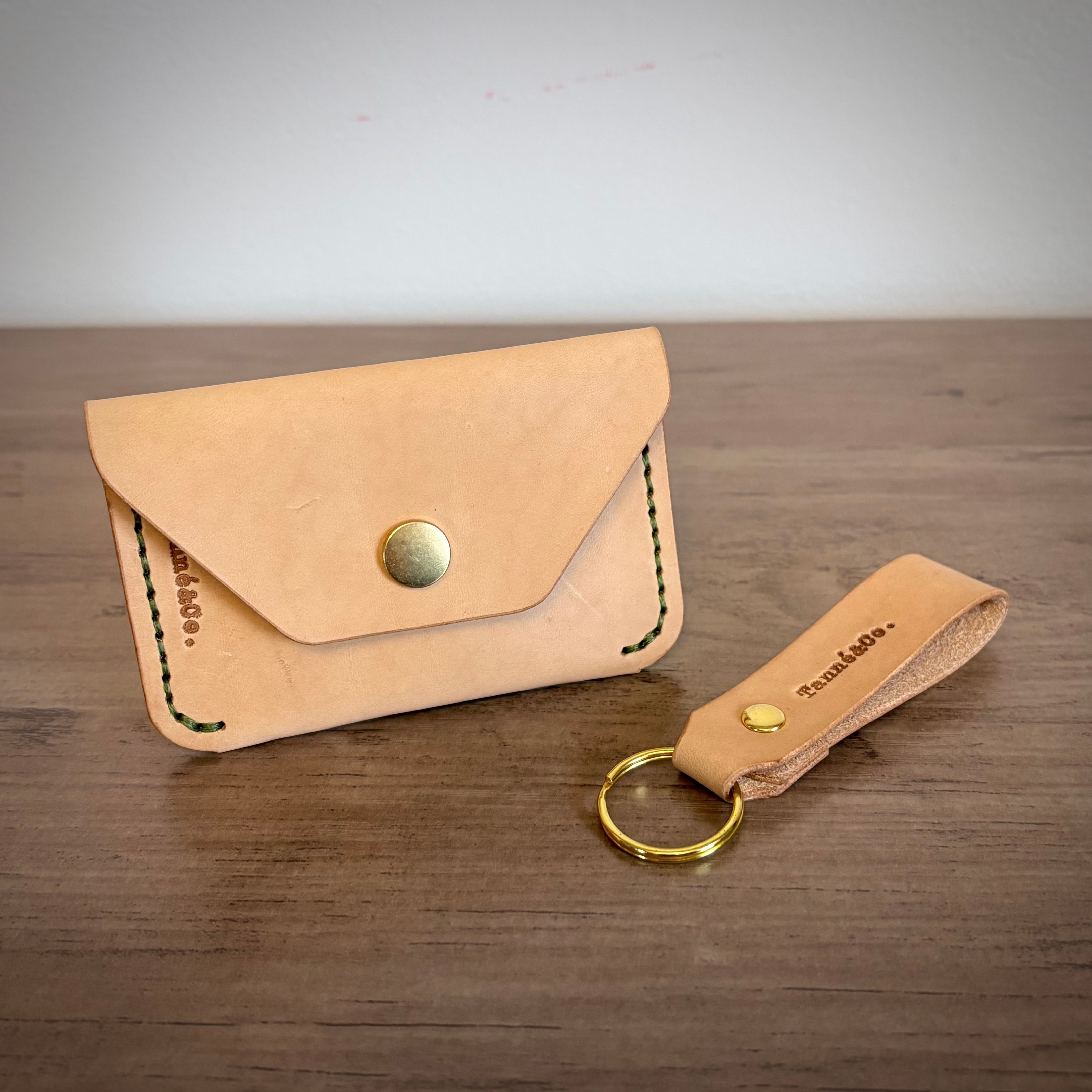Leather Card Holder and Keychain Set | Tan