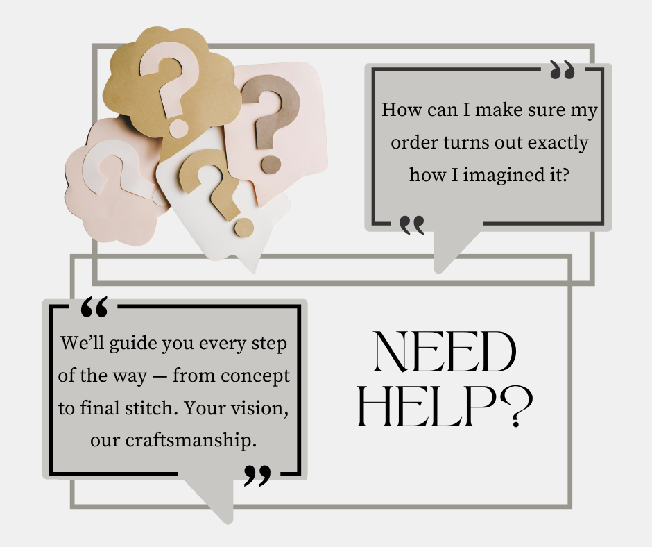 Visual showing customer questions and support reassurance from Tanné & Co. — highlighting custom leather order guidance.