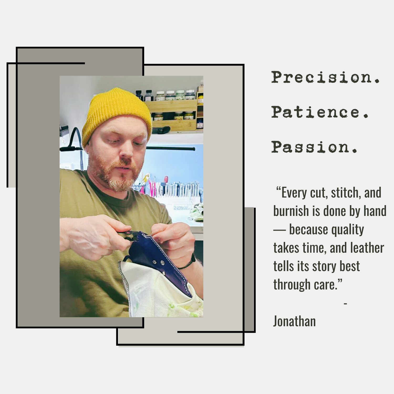 Jonathan seated at the workbench with his son nearby, representing Tanné & Co.'s dedication to handcrafted leatherwork guided by precision, patience, and passion.